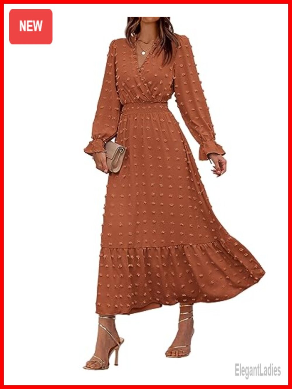 Swiss Dot V Neck Ruffle Sleeve A-Line Maxi Dress Wedding Guest